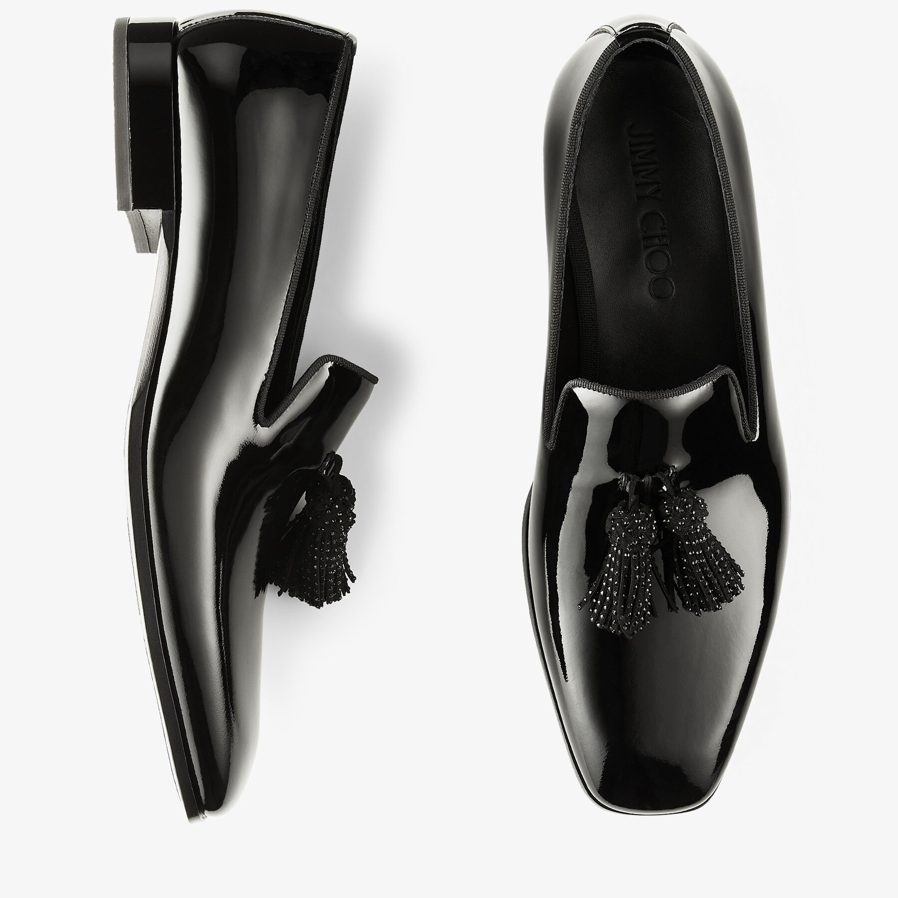 FOXLEY/M | Black Patent Slip-On Shoes with Crystal Tassels | Autumn  Collection | JIMMY CHOO