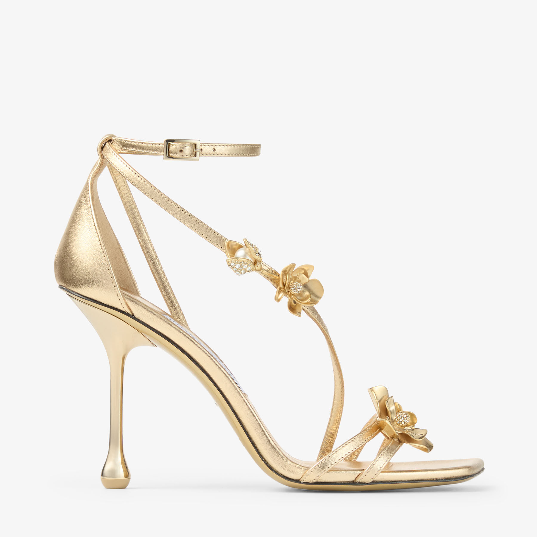 Zea 95 | Gold Metallic Nappa Leather Sandals with Metal Flowers