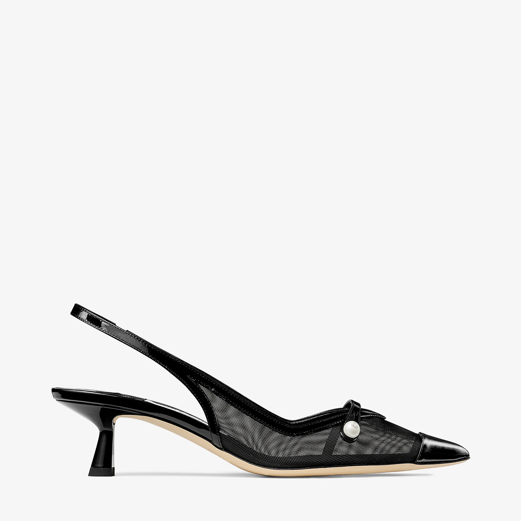 【Jimmy Choo】Amita 45 パテントレザー＆メッシュ パンプス Amita 45 | Black Patent Leather and Mesh Slingbacks | JIMMY