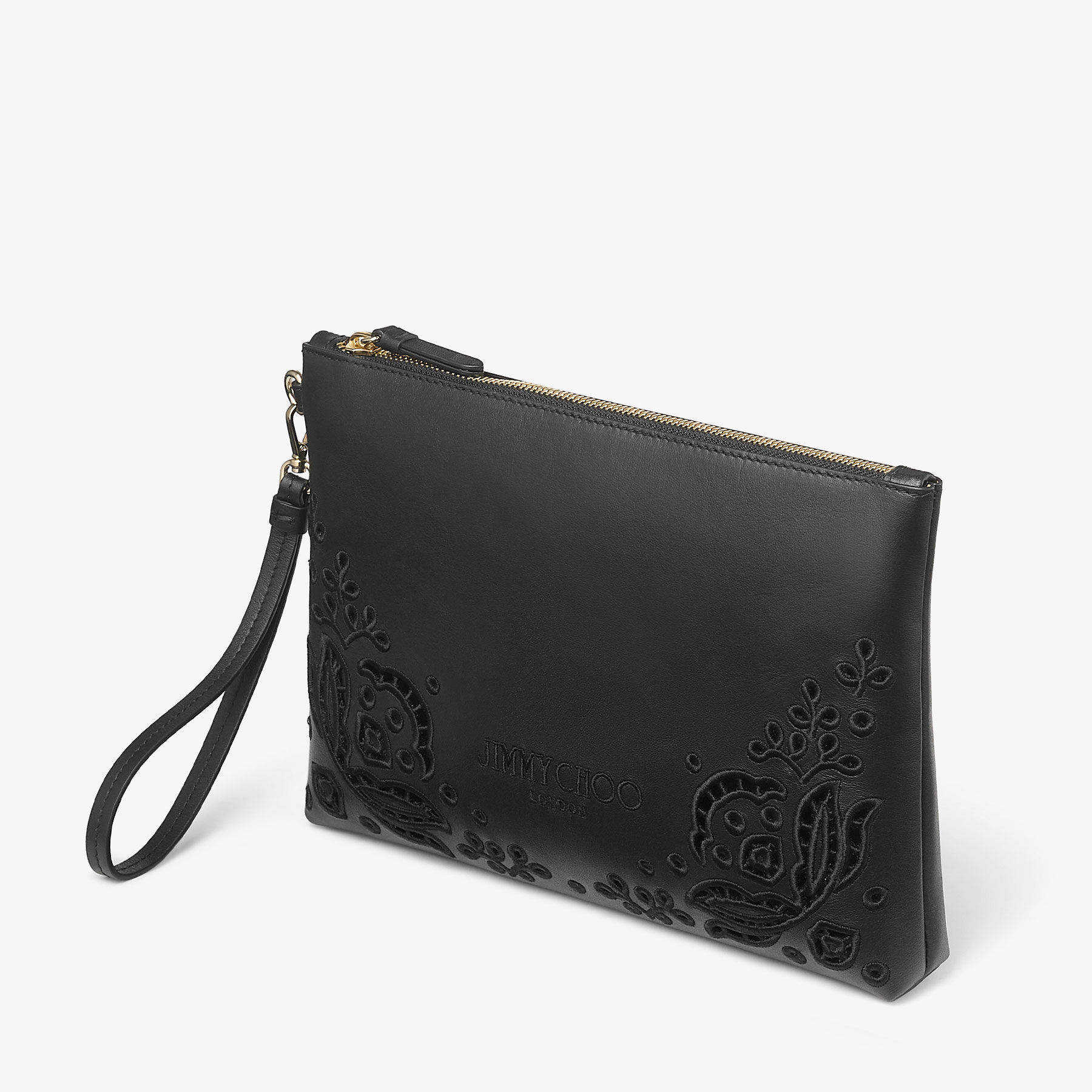 JIMMY CHOO■Leather Clutch Bag■クラッチバッグ Zipped Flat Pouch |Black Leather Pouch with Sangallo