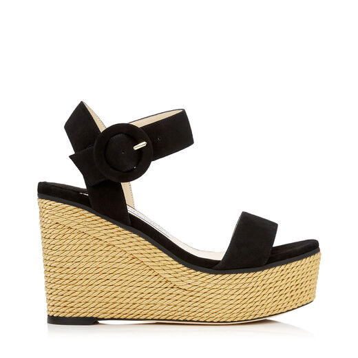 JIMMY CHOO ABIGAIL 100 Black Suede Chunky Wedge Sandals with Gold Rope