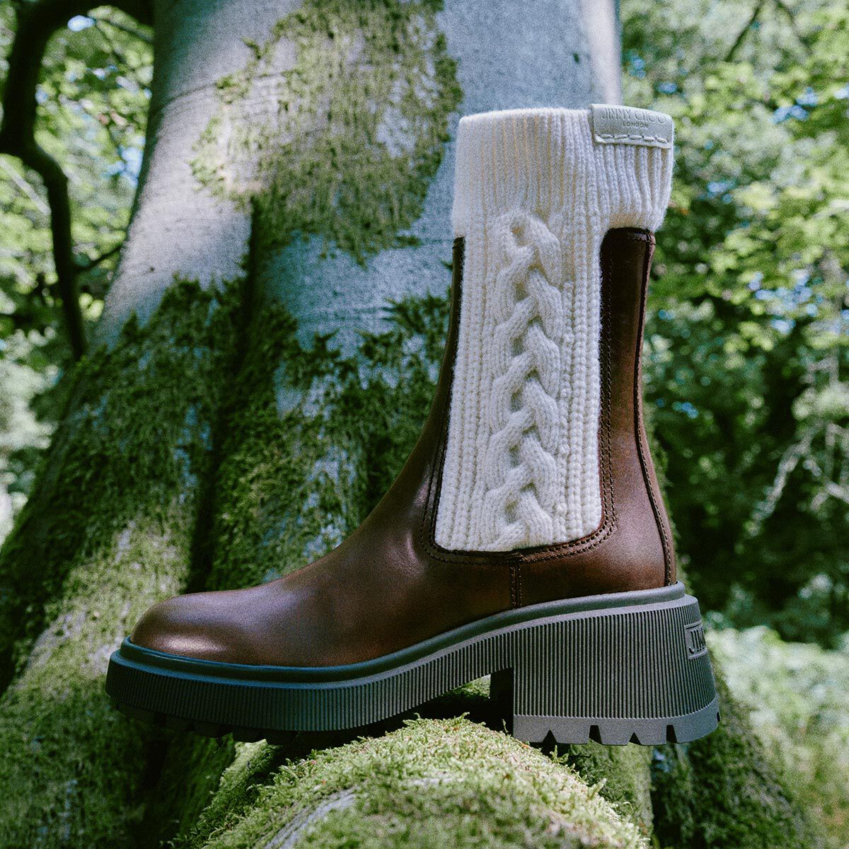 Tamia Flat | Chocolate Shiny Calf Leather Ankle Boots with Cable