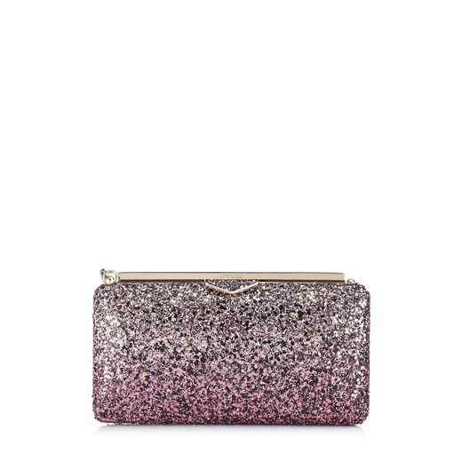 Click to view more detailed imagery on our partner's website Jimmy Choo Ellipse Candyfloss And White Sand Party Coarse Glitter DÉgradÉ Fabric Clutch Bag In Multi