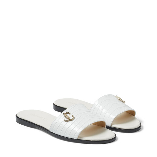 JIMMY CHOO MINEA FLAT Latte Croc-Embossed Leather Flat Sandals with JC logo