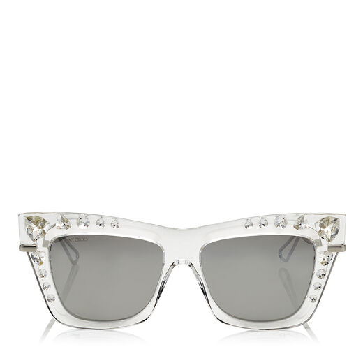 JIMMY CHOO BEE Silver Mirror Cat Eye Sunglasses with Silver and Clear Swarovski Crystals