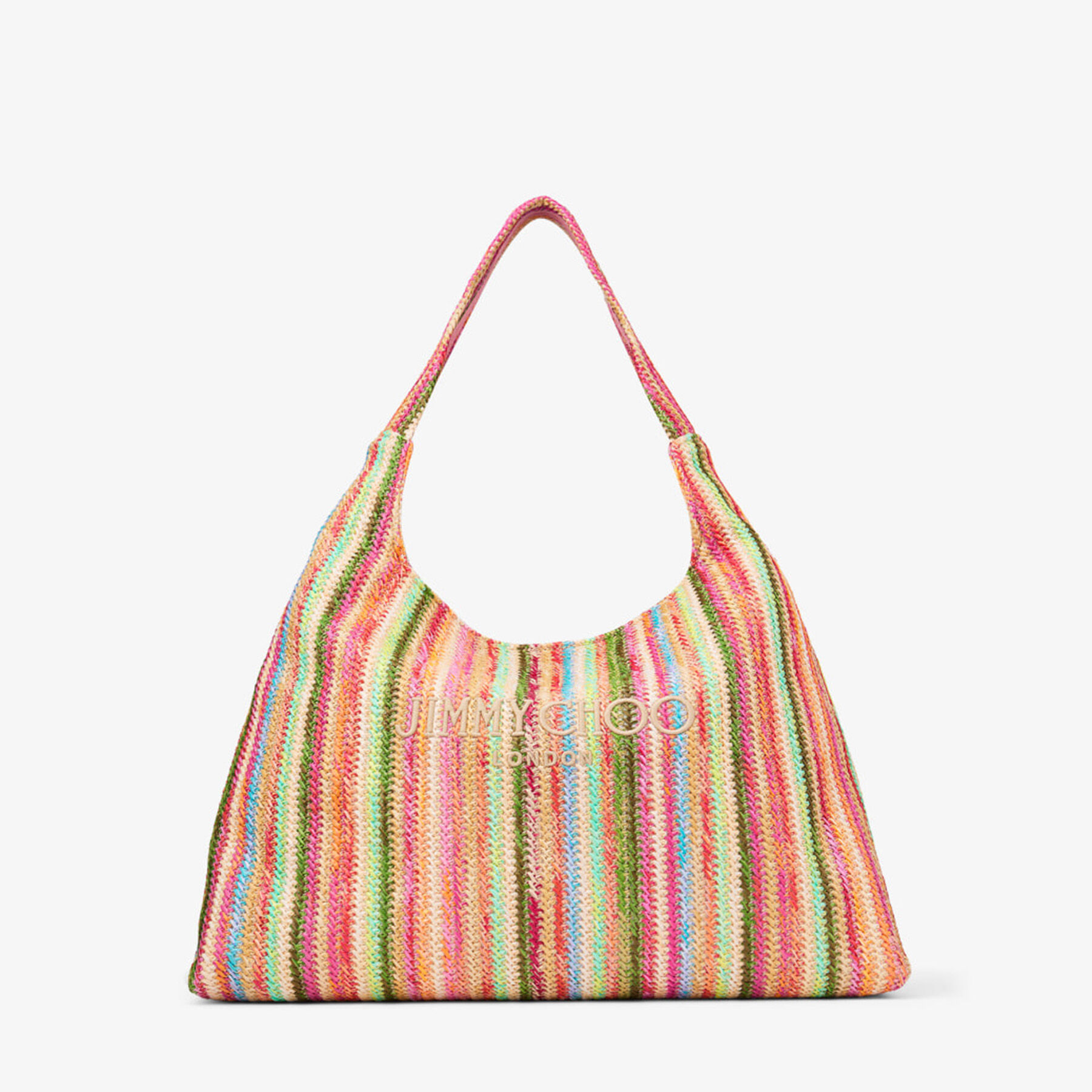 【Jimmy Choo】ビーチ ダイヤモンドホーボー L ショルダーバッグ Beach Diamond Hobo L | Ecru Striped Raffia Shoulder Bag