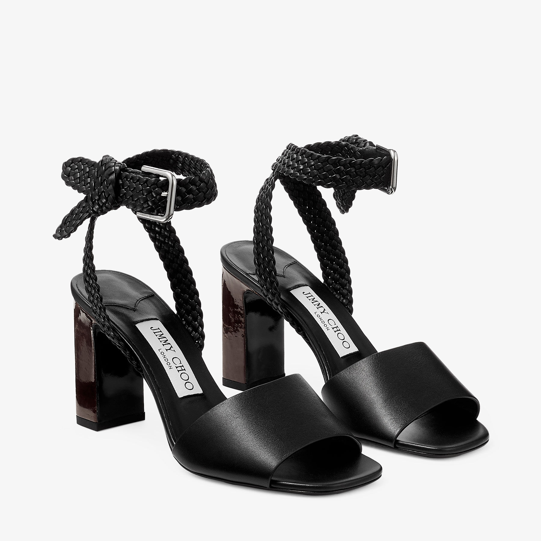 Rori 85 | Black Shiny Calf Leather and Shiny Cork Sandals | JIMMY CHOO