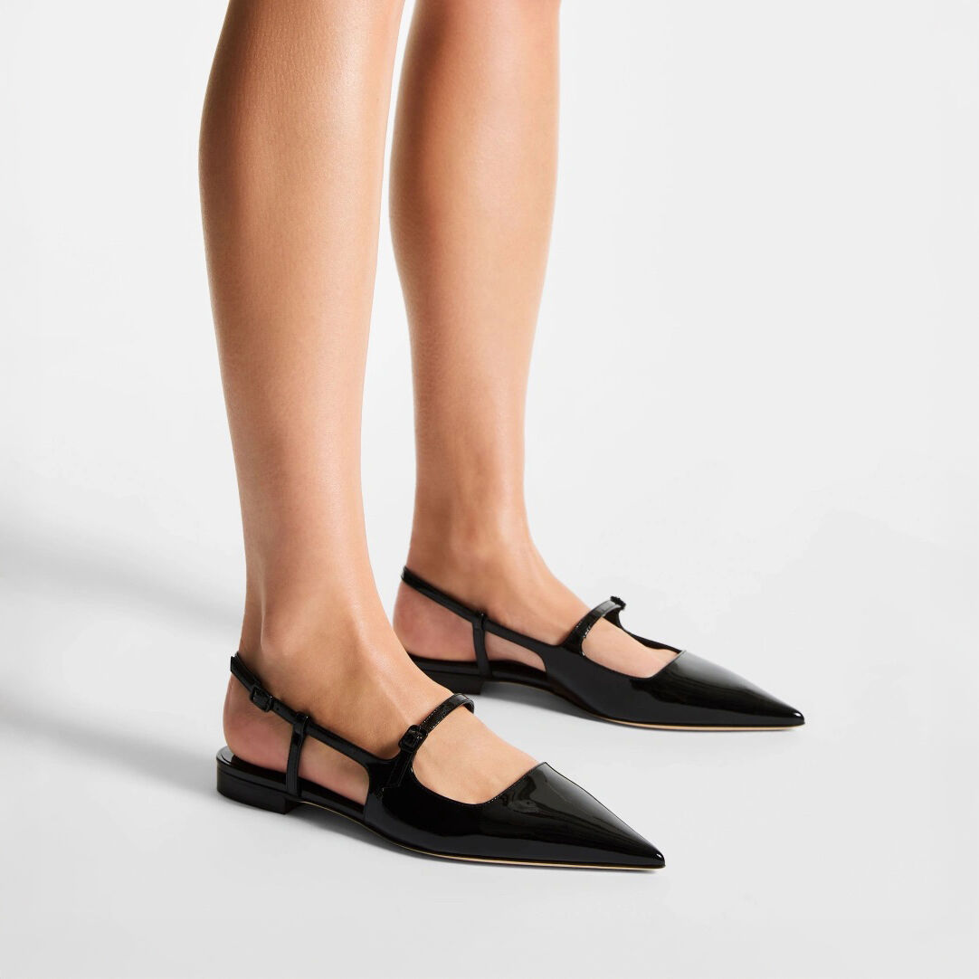 Ravi Flat | Black/Crystal Patent Leather Flats | JIMMY CHOO
