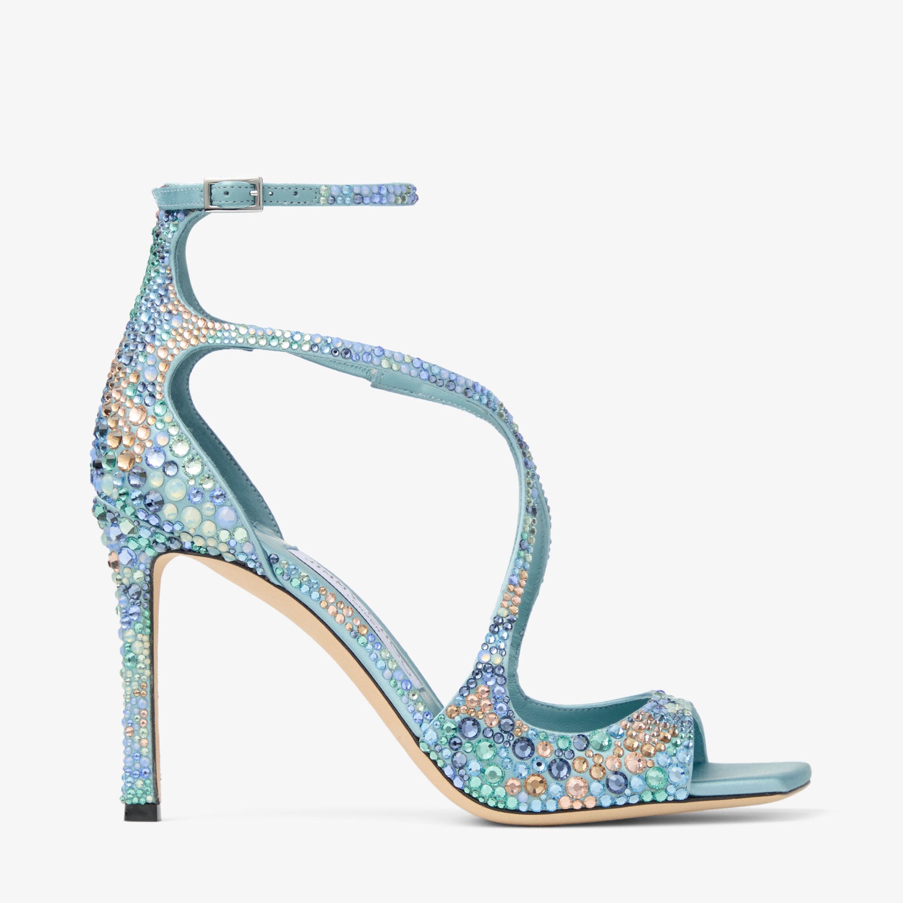 ショール　アッシュand ダイアモンド Azia 95 | Sky Mix Satin Sandals with Multi Crystal Embellishment
