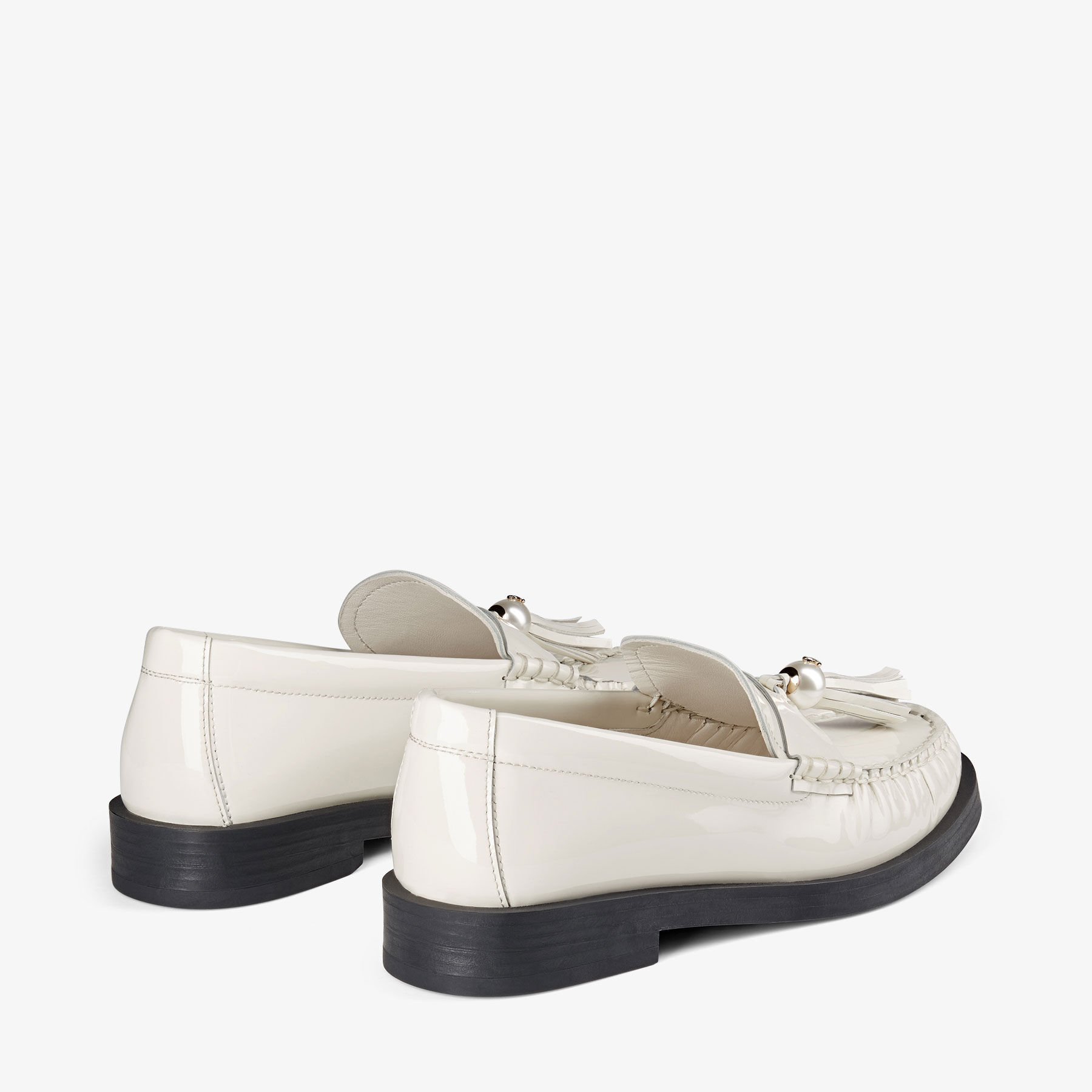 Addie/Pearl | Latte Patent Leather Flat Loafers with Pearl Tassel | JIMMY  CHOO