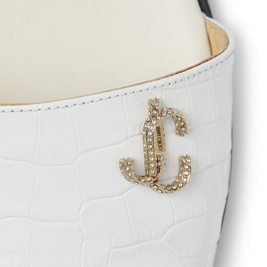JIMMY CHOO MINEA FLAT Latte Croc-Embossed Leather Flat Sandals with JC logo