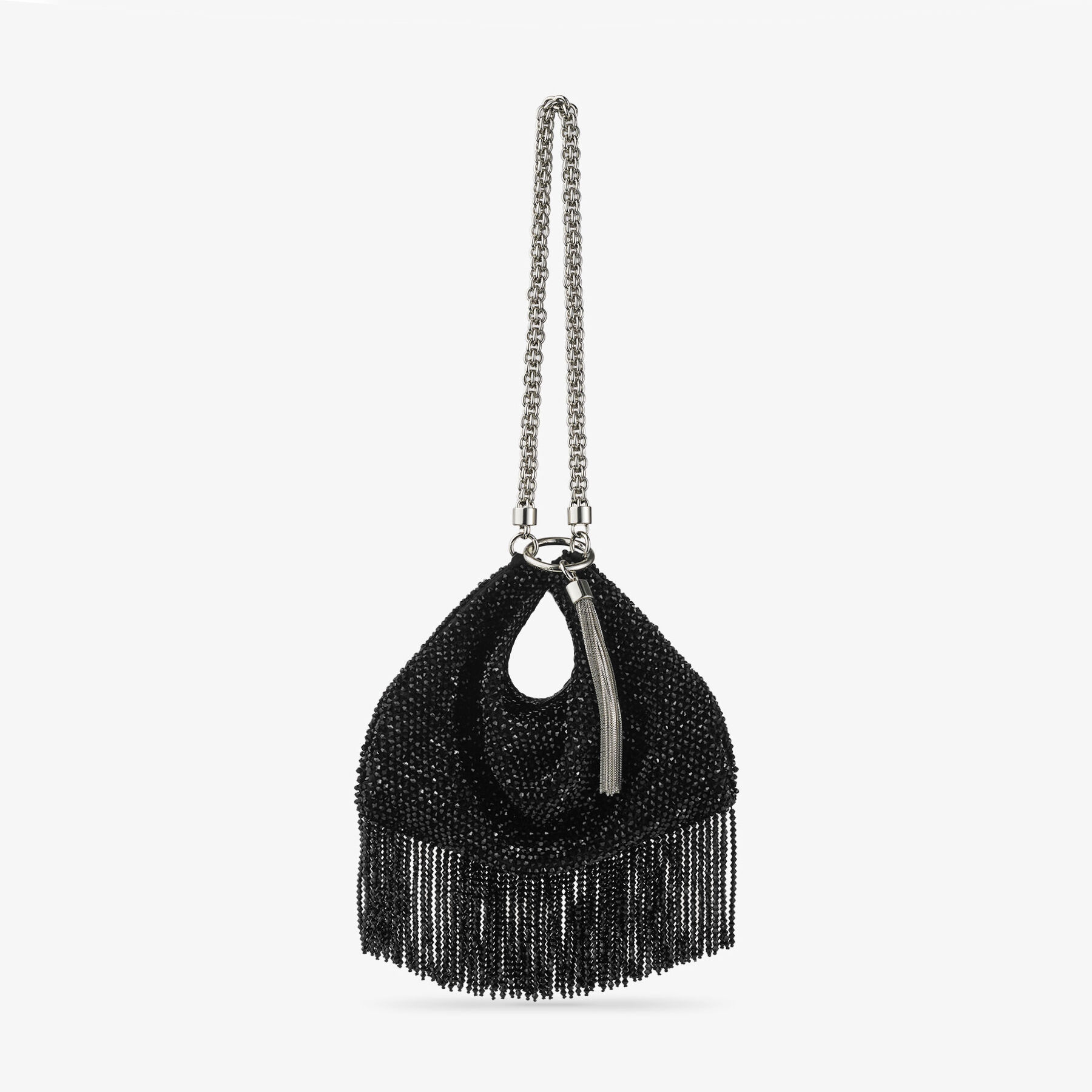 CALLIE SHOULDER Black Satin Shoulder Bag with Crystal Fringe