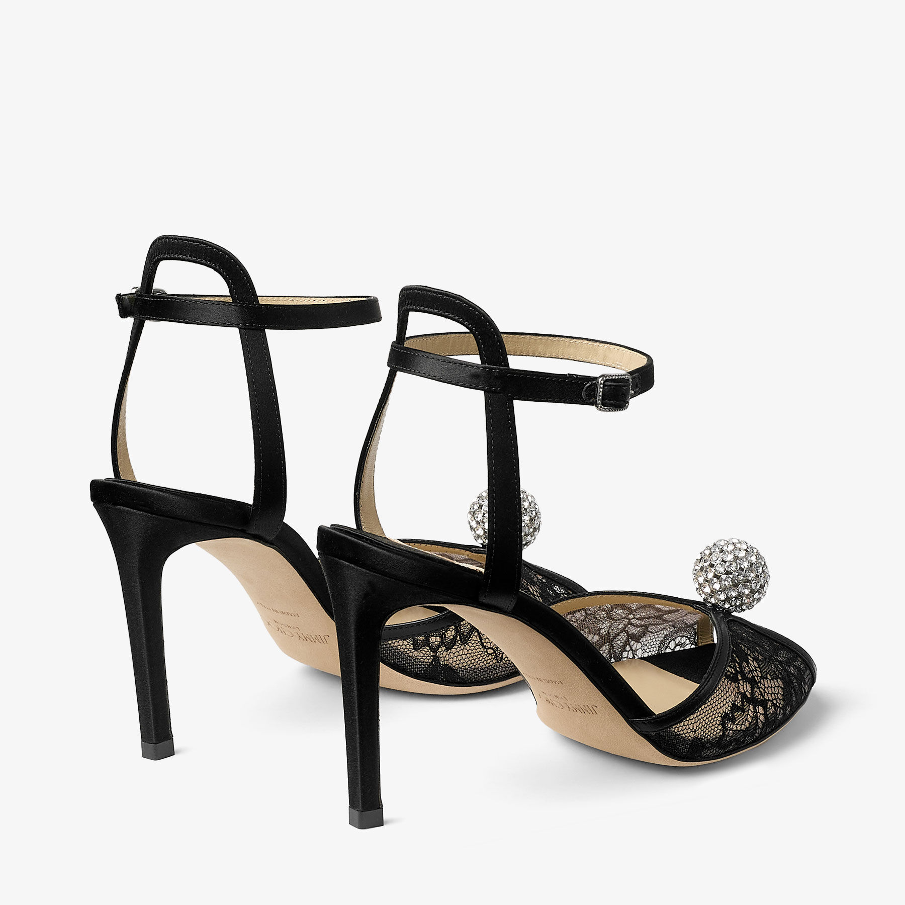 Sacora 85 | Black Lace Sandals with Crystal-Embellished Sphere