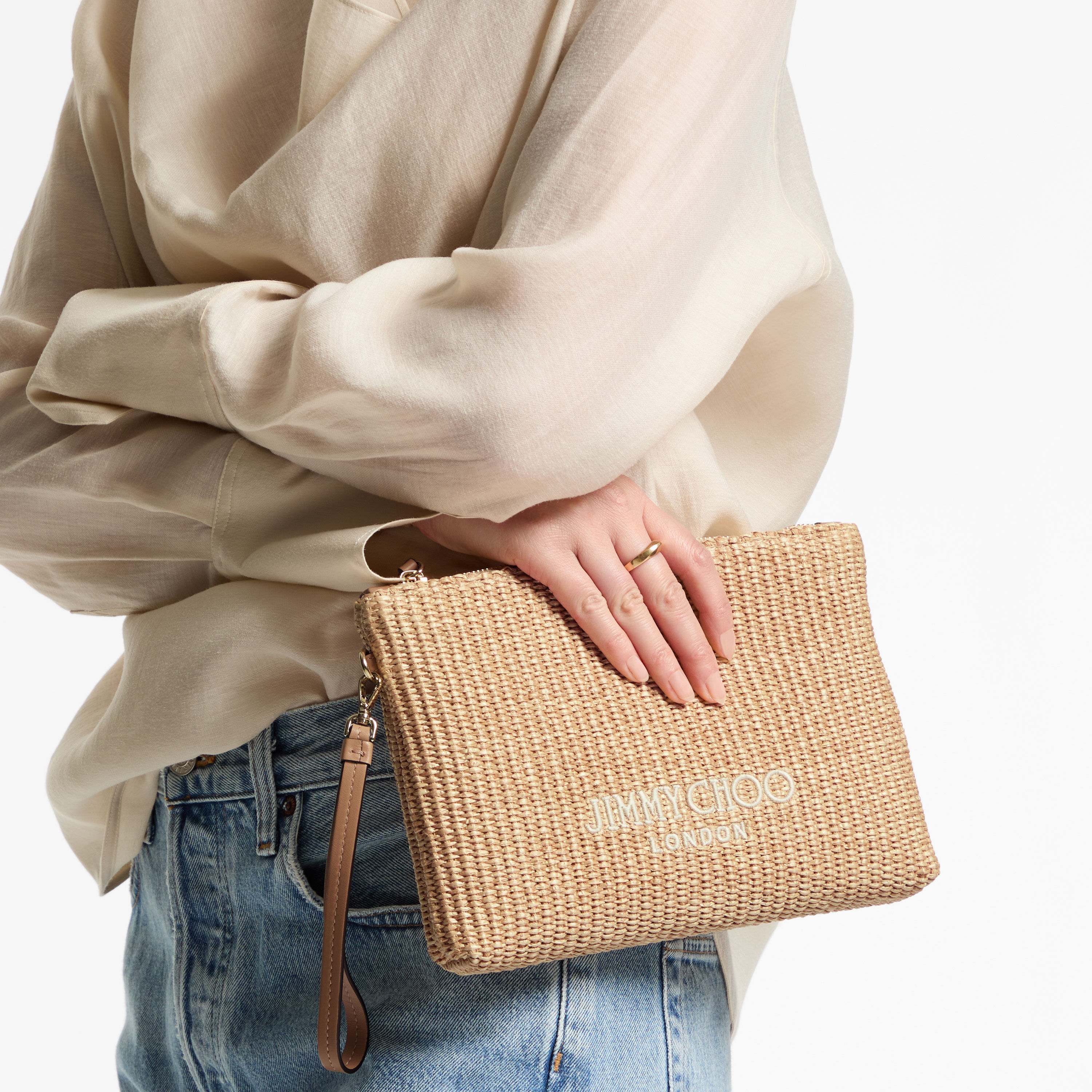Zipped Flat Pouch | Natural and Latte Raffia Zipped Pouch | JIMMY CHOO