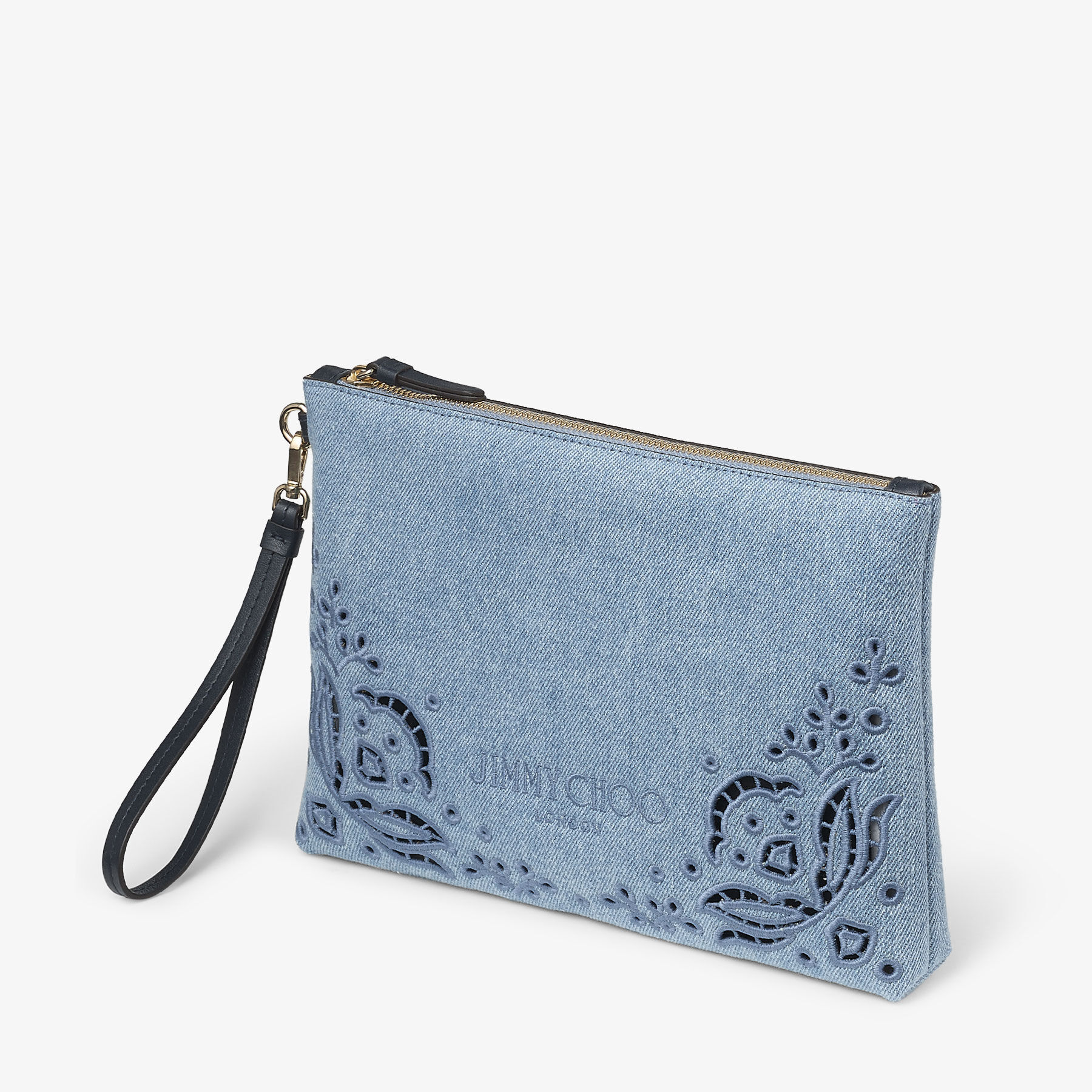 Zipped Flat Pouch |Blue Haze Denim Pouch with Sangallo