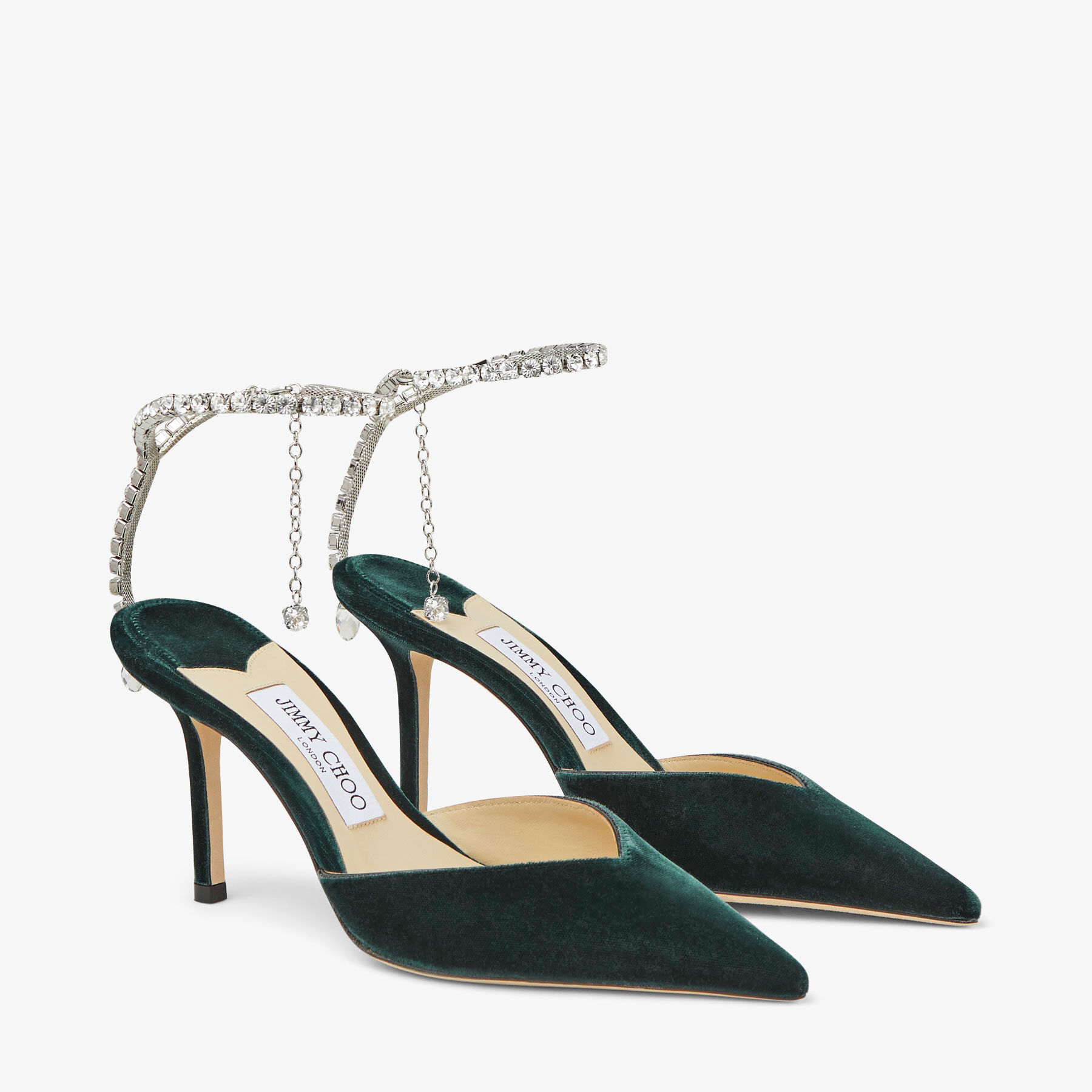 Saeda 85 Dark Green Velvet Pumps with Crystal Chain JIMMY