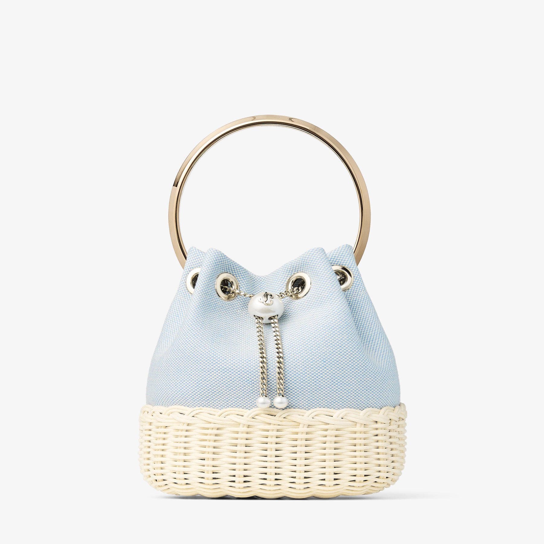 Bon Bon | Riviera Blue Mix Flecked Canvas and Wicker Bucket Bag
