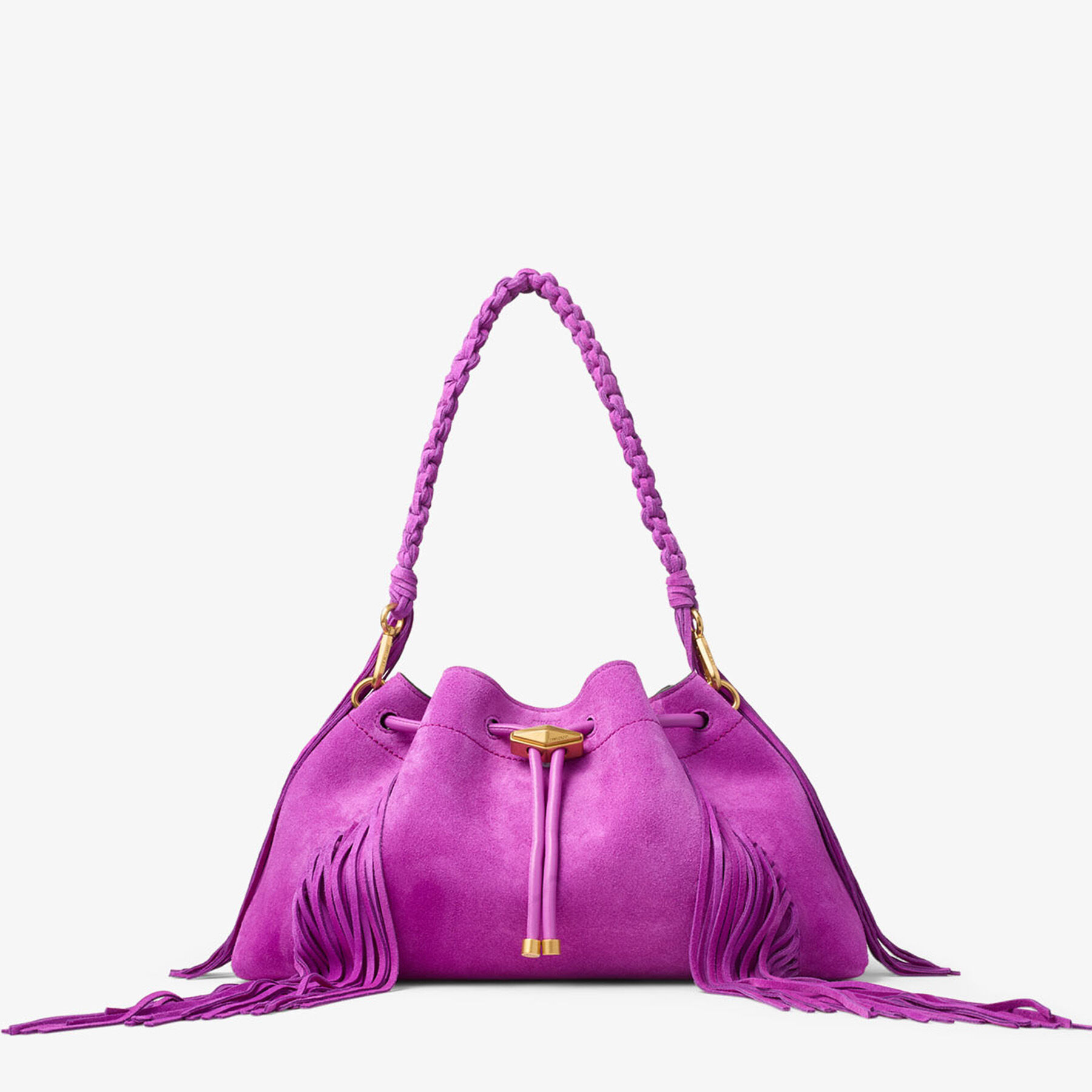 Cinch Medium | Violet Orchid Suede Bucket Bag with Fringes | JIMMY