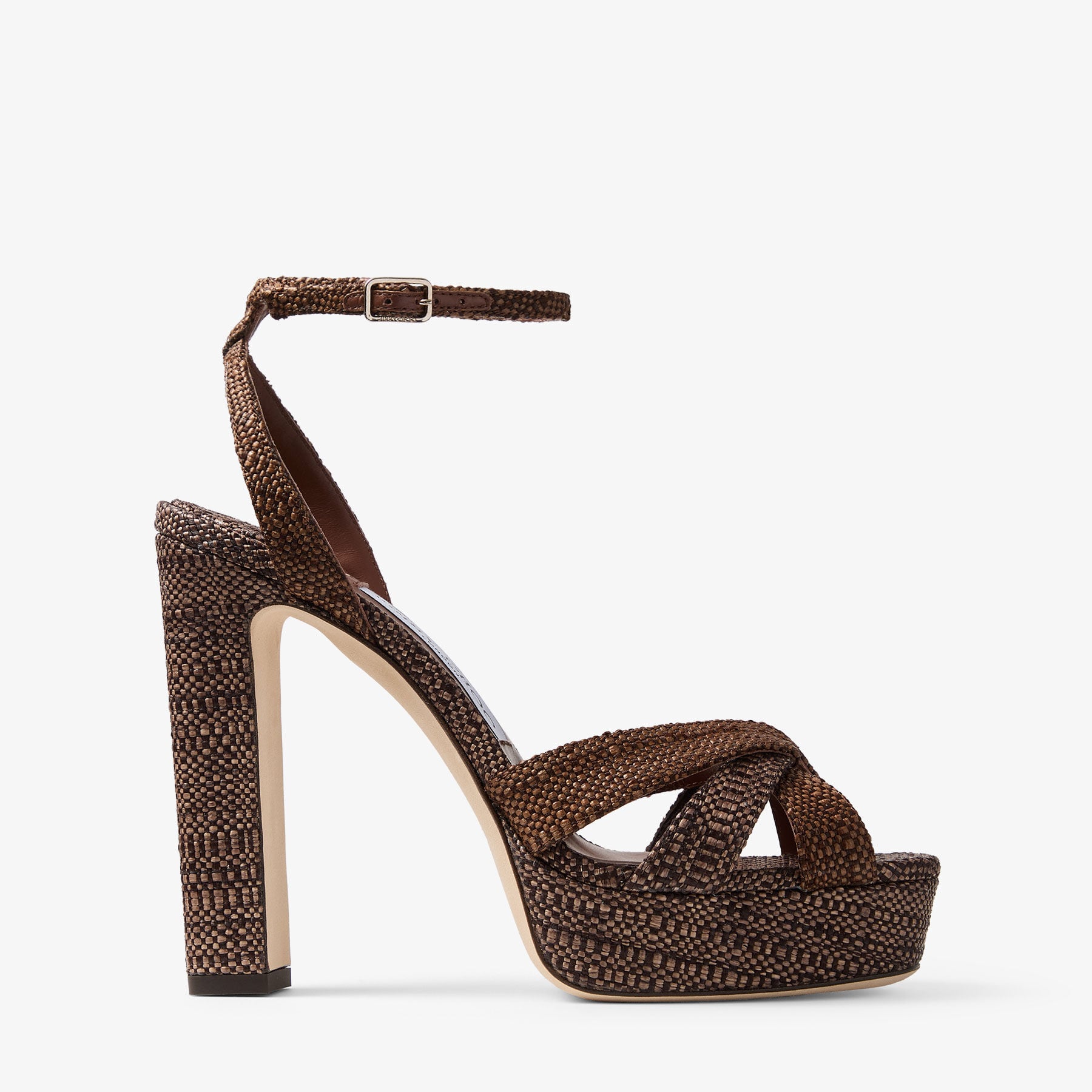 Kove 120 | Chocolate and Tan Fine Raffia Platform Sandals | JIMMY CHOO