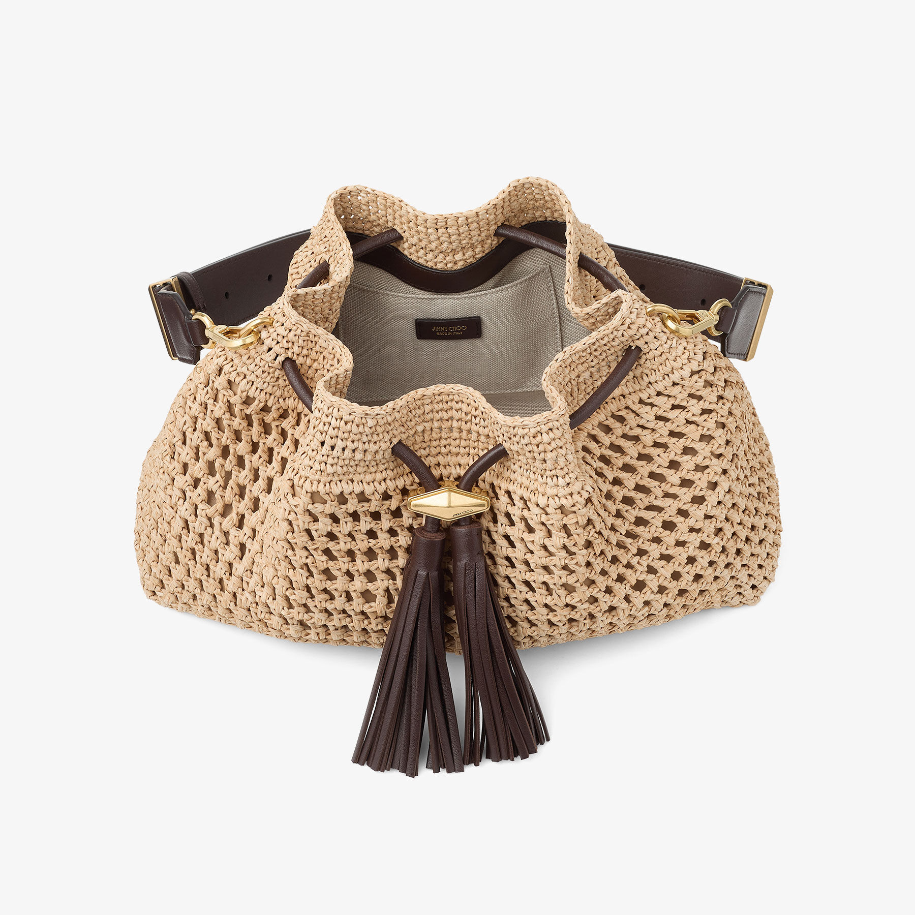 Cinch Medium | Natural and Chocolate Crochet Raffia Shoulder Bag