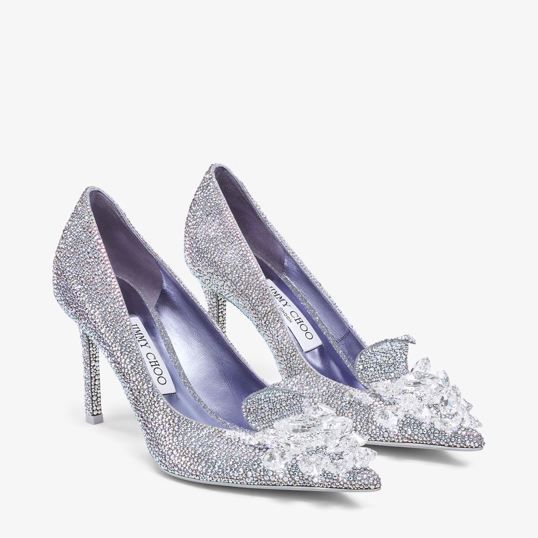 Iridescent Crystal Pointed Toe Pumps with Hearts Crystal Slipper