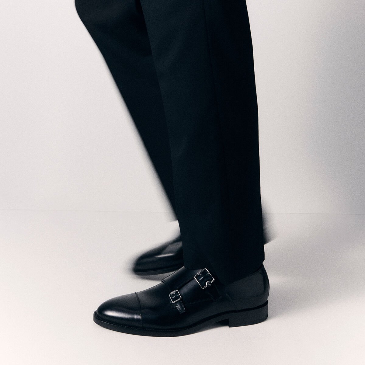 Black Brush Off Leather Monk Strap Shoes | FINNION MONKSTRAP