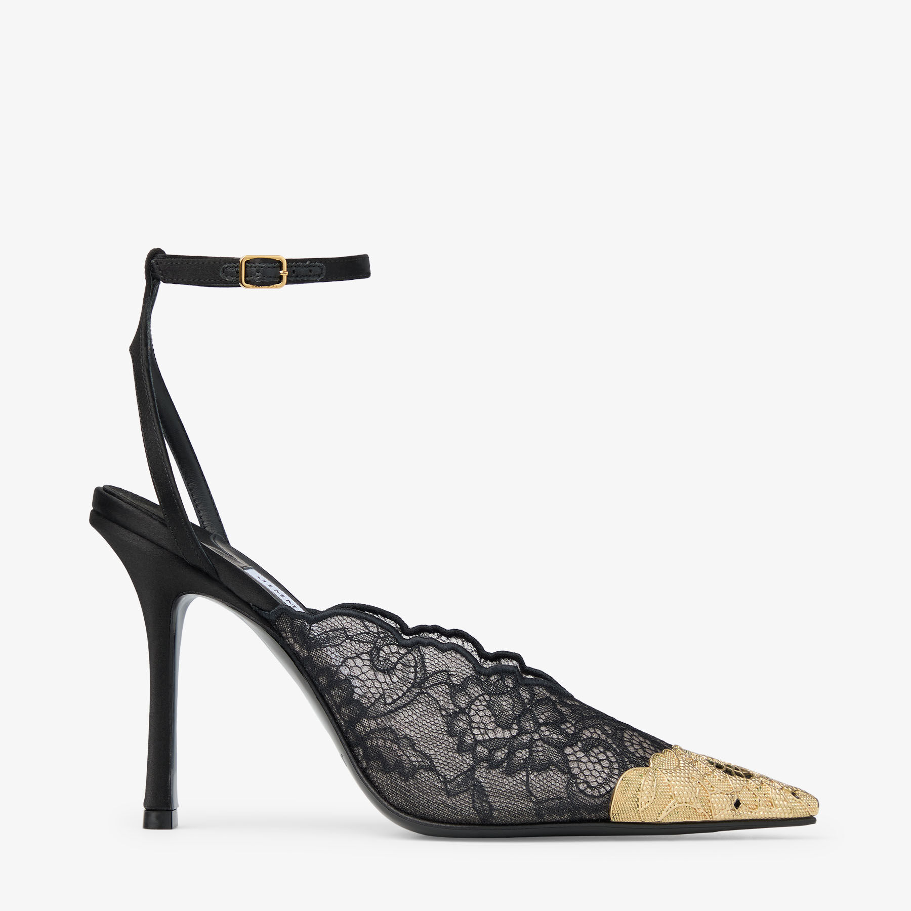 jimmy chooチェーンパンプス　38 Faiz 100 | Black Jimmy Choo Lace Pumps with Metal Lace Detail