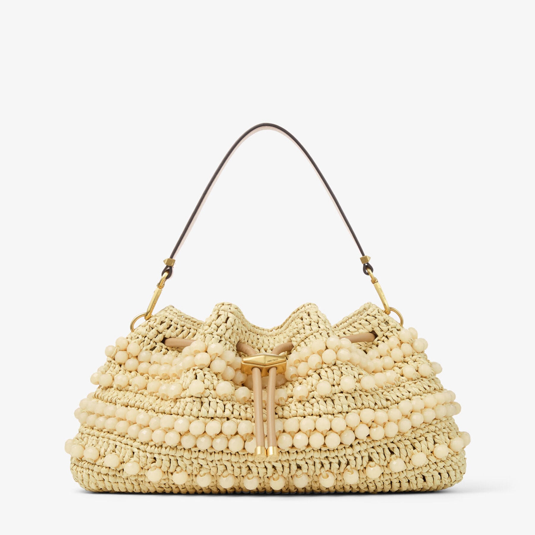 Cinch | Natural and Cappuccino Beaded Raffia Bucket Bag with