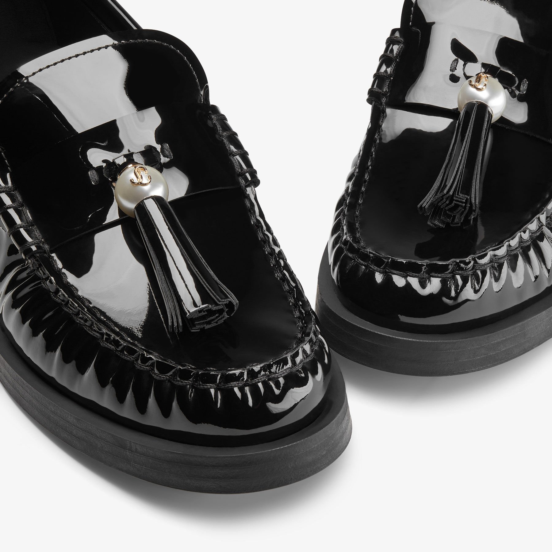 Addie/Pearl | Black Patent Leather Flat Loafers with Pearl Addie/Pearl | Black Patent Leather Flat Loafers with Pearl