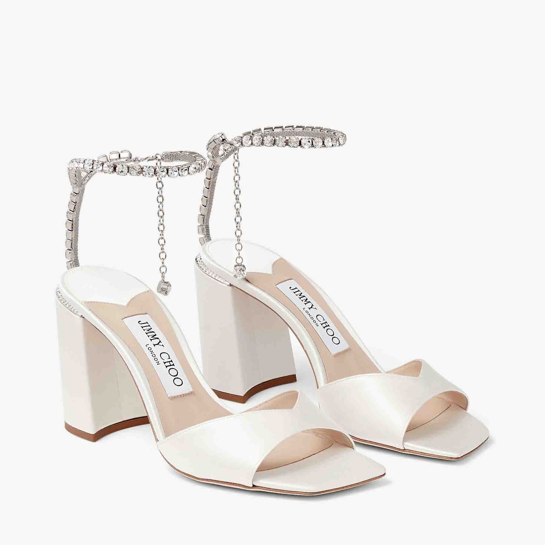 Saeda Sandal 85 | Ivory Satin Block Heel Sandals with Crystal Chain | JIMMY  CHOO