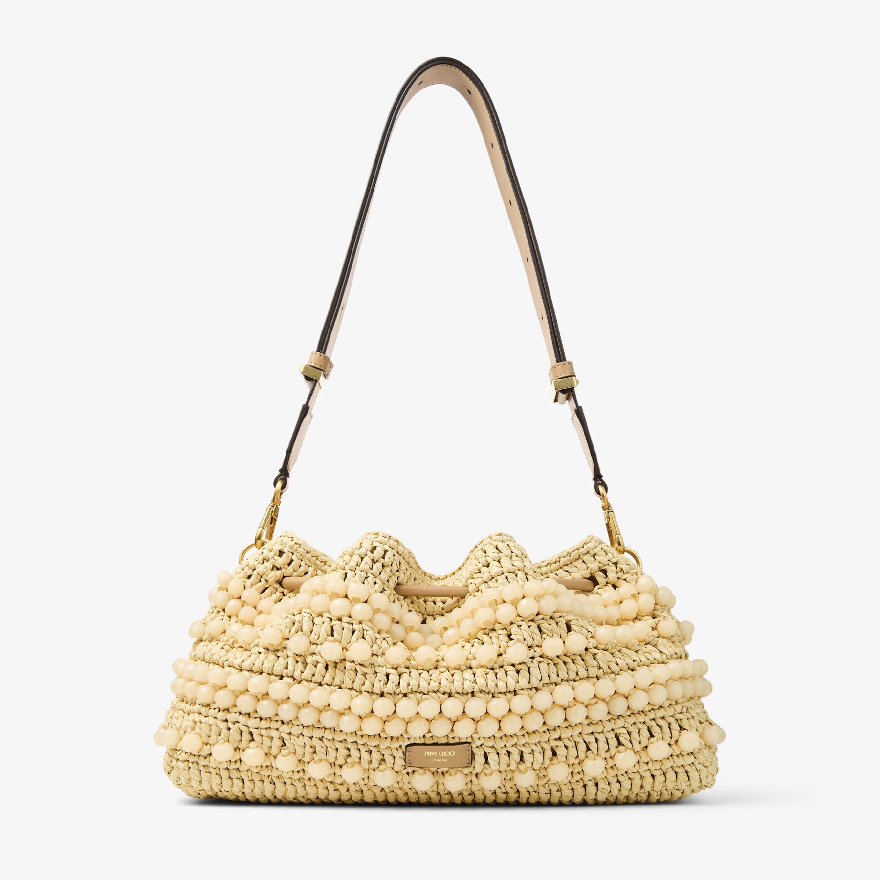 Cinch | Natural and Cappuccino Beaded Raffia Bucket Bag with