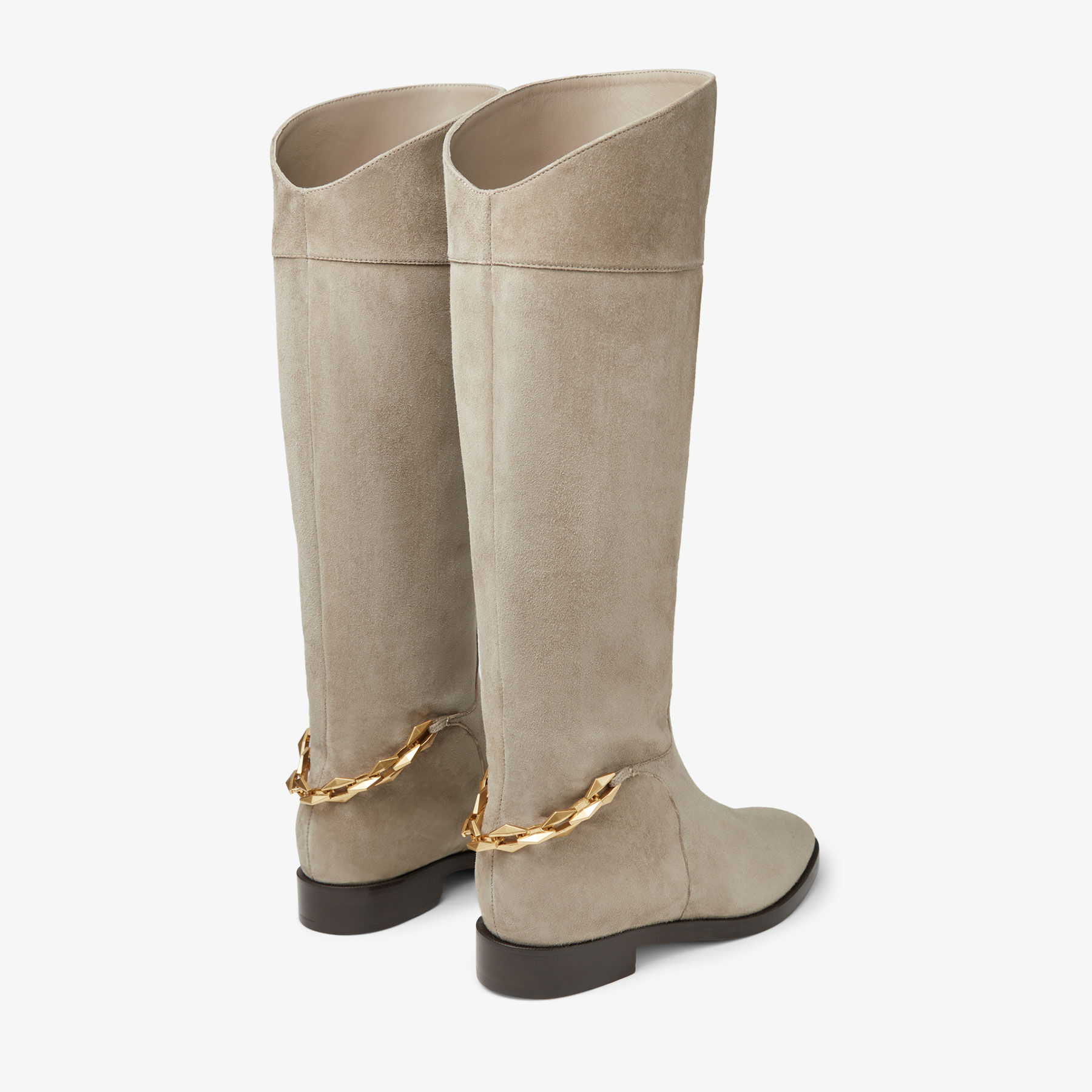 NELL KB FLAT Taupe Suede Knee High Boots with Chain Autumn