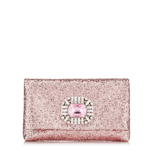 Click to view more detailed imagery on our partner's website Jimmy Choo Titania Candyfloss Galactica Glitter Fabric Clutch Bag With Jewelled Centre Piece