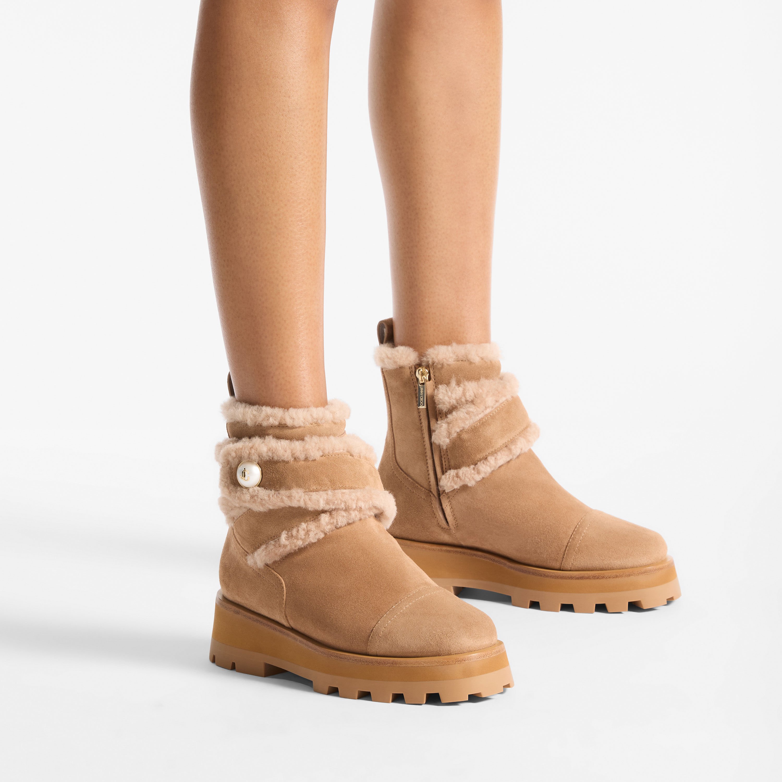 Meena Flat | Toffee Velvet Suede Ankle Boots with Shearling