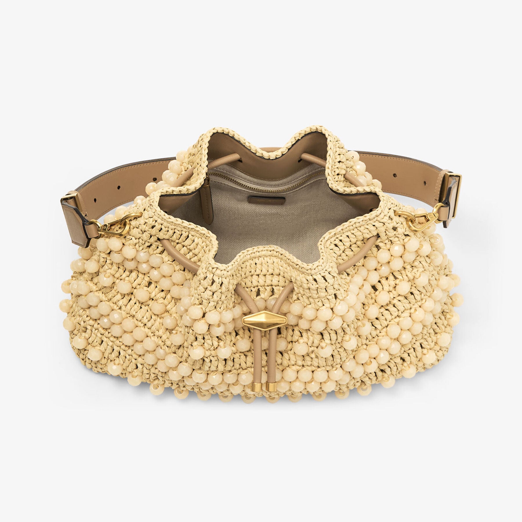 Cinch | Natural and Cappuccino Beaded Raffia Bucket Bag with