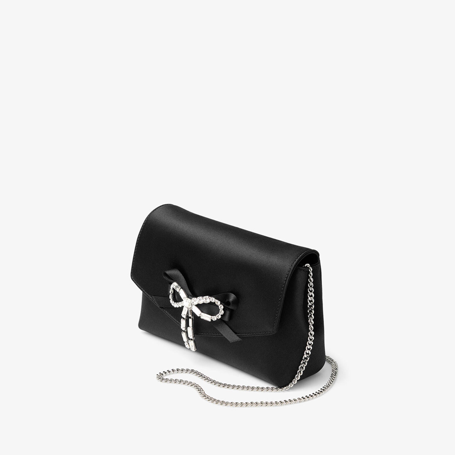 JIMMY CHOO ブラックパーティーバッグ Soft Bow Mini Bag | Black Satin Mini Bag with Crystal Bow | JIMMY CHOO
