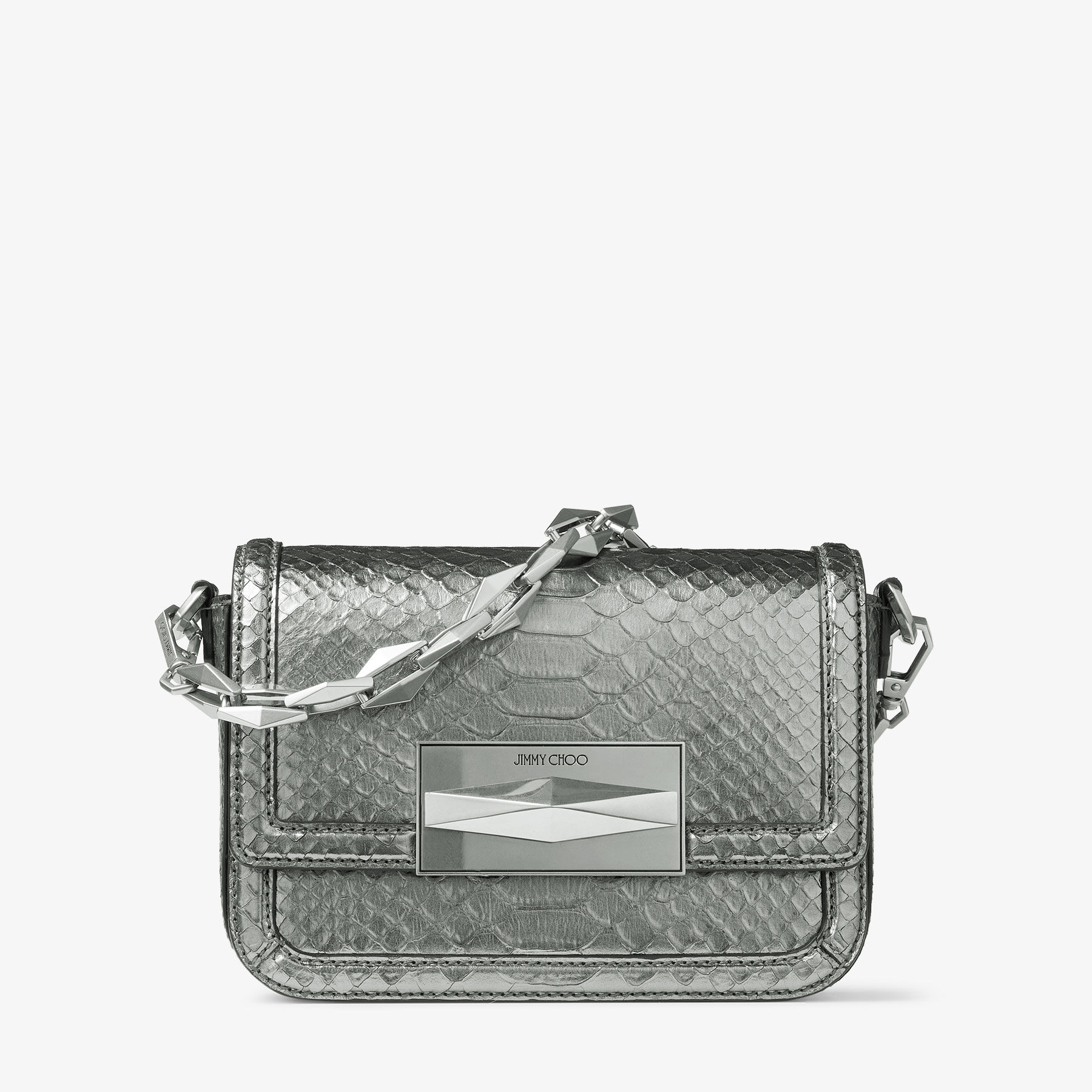 Diamond | Silver Metallic Snake Printed Leather Crossbody Bag | JIMMY CHOO