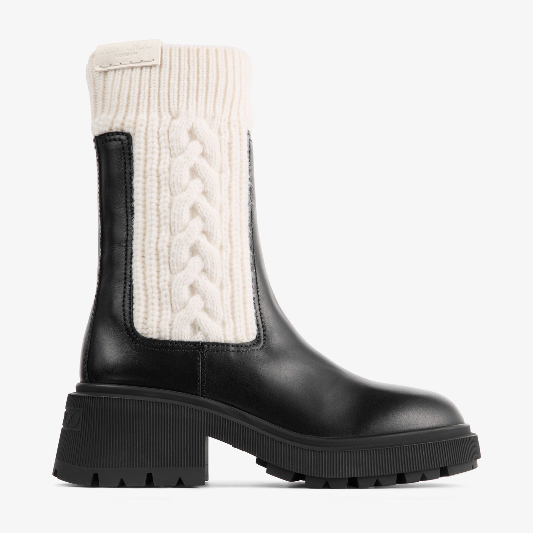 Tamia Flat | Black and Latte Shiny Calf Leather and Cable-Knit