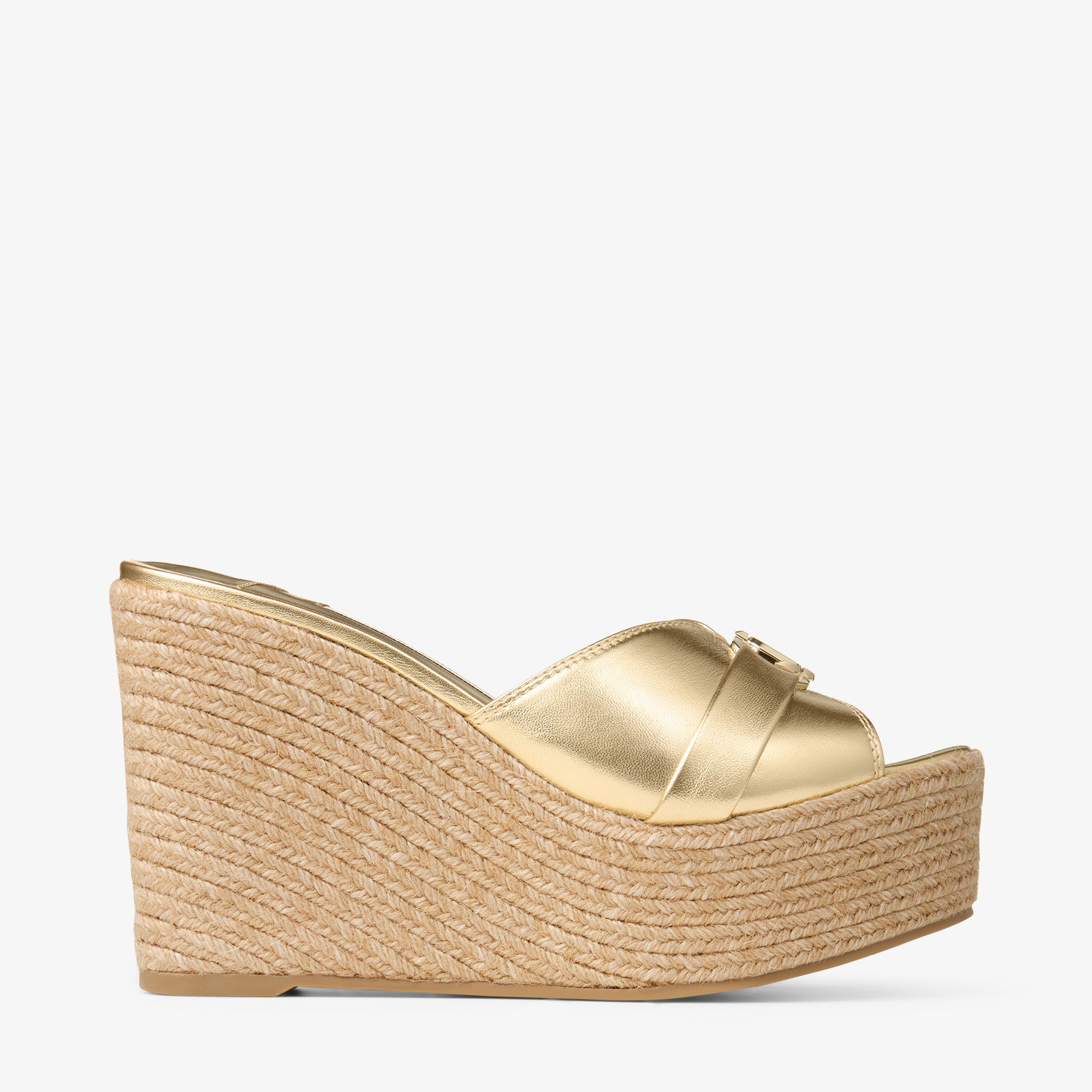 関税・送料込み【JIMMY CHOO】LEDA WEDGE SANDALS Leda Wedge 100 |Gold Metallic Nappa Leather Mule Wedge