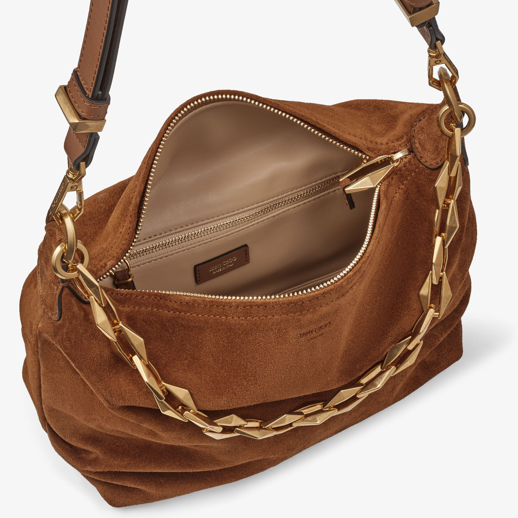 DIAMOND SOFT HOBO S Tan Suede Hobo Bag with Chain Strap Summer Collection JIMMY CHOO CA