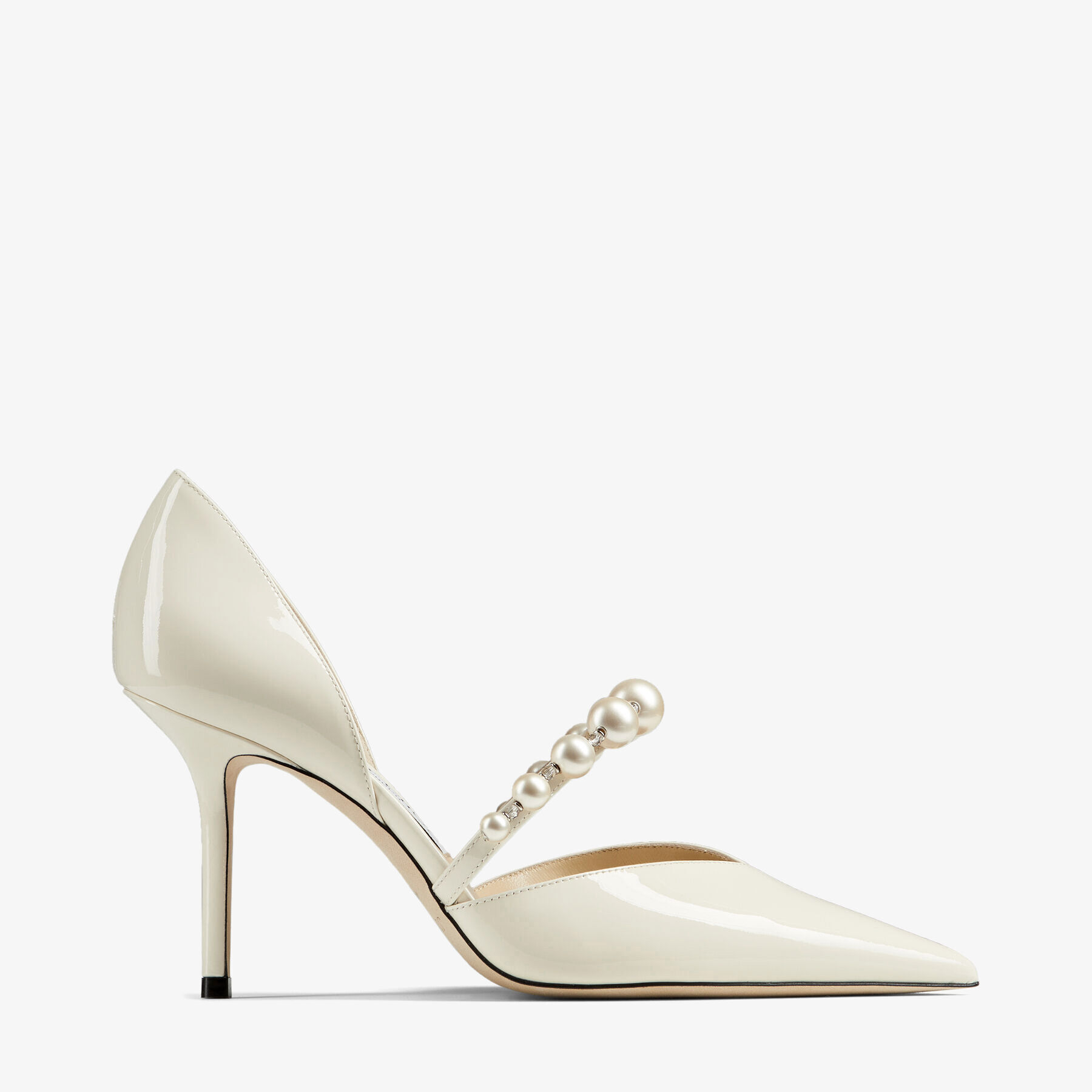 Latte Patent Leather Pointed Pumps with Pearl Embellishment AURELIE 85 High Summer 2021 JIMMY CHOO