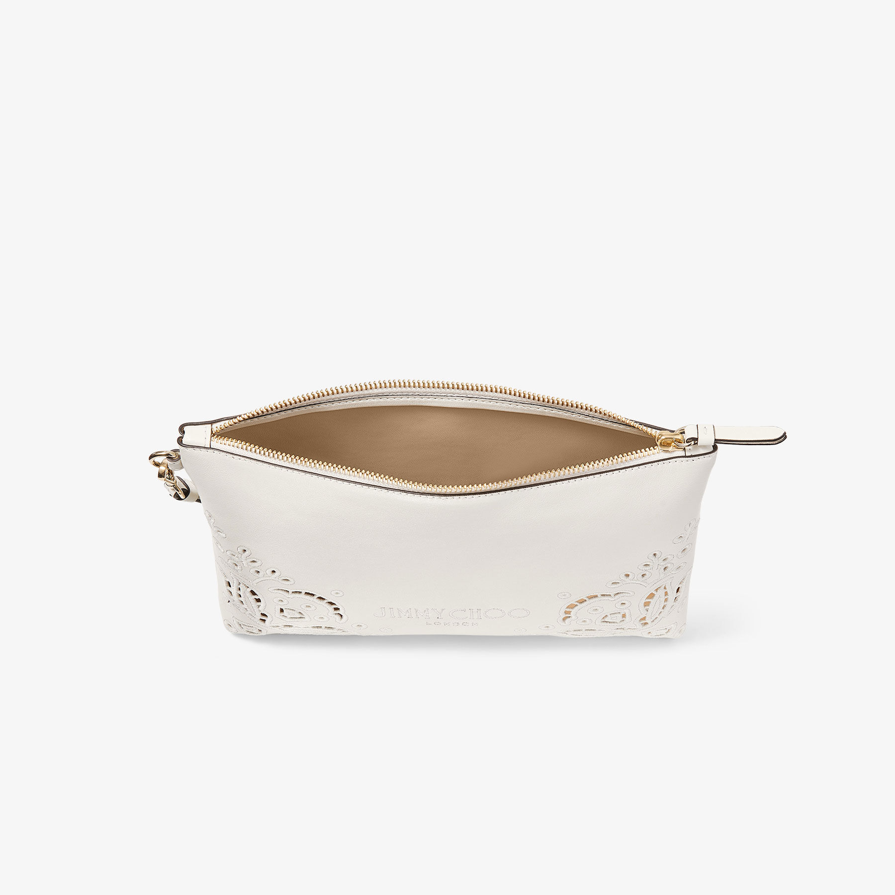 クラッチバッグ JIMMY CHOO LEATHER POUCH MEDIUM Zipped Flat Pouch |Latte Leather Pouch with Sangallo