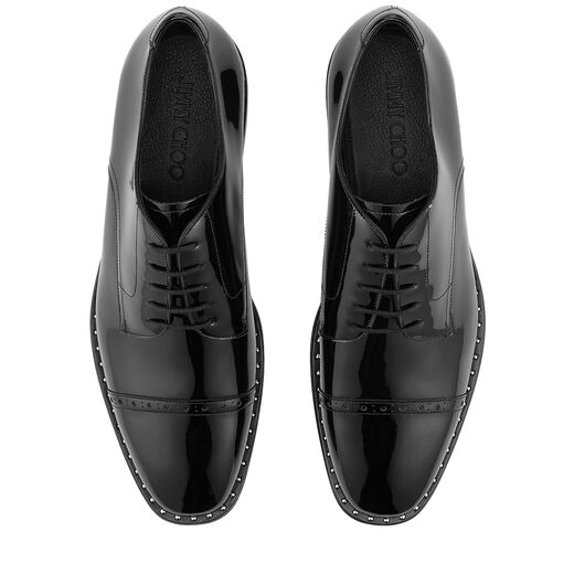 JIMMY CHOO PENN Black Patent Lace Up Shoes with Steel Stud Detail