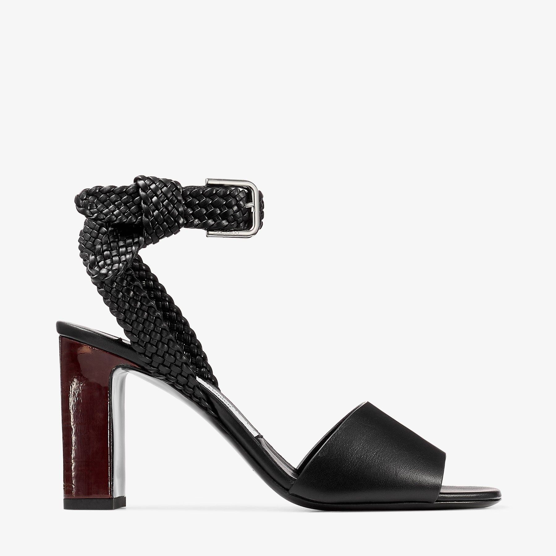 RIKO　黒　38 Rori 85 | Black Shiny Calf Leather and Shiny Cork Sandals | JIMMY CHOO