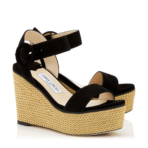 JIMMY CHOO ABIGAIL 100 Black Suede Chunky Wedge Sandals with Gold Rope