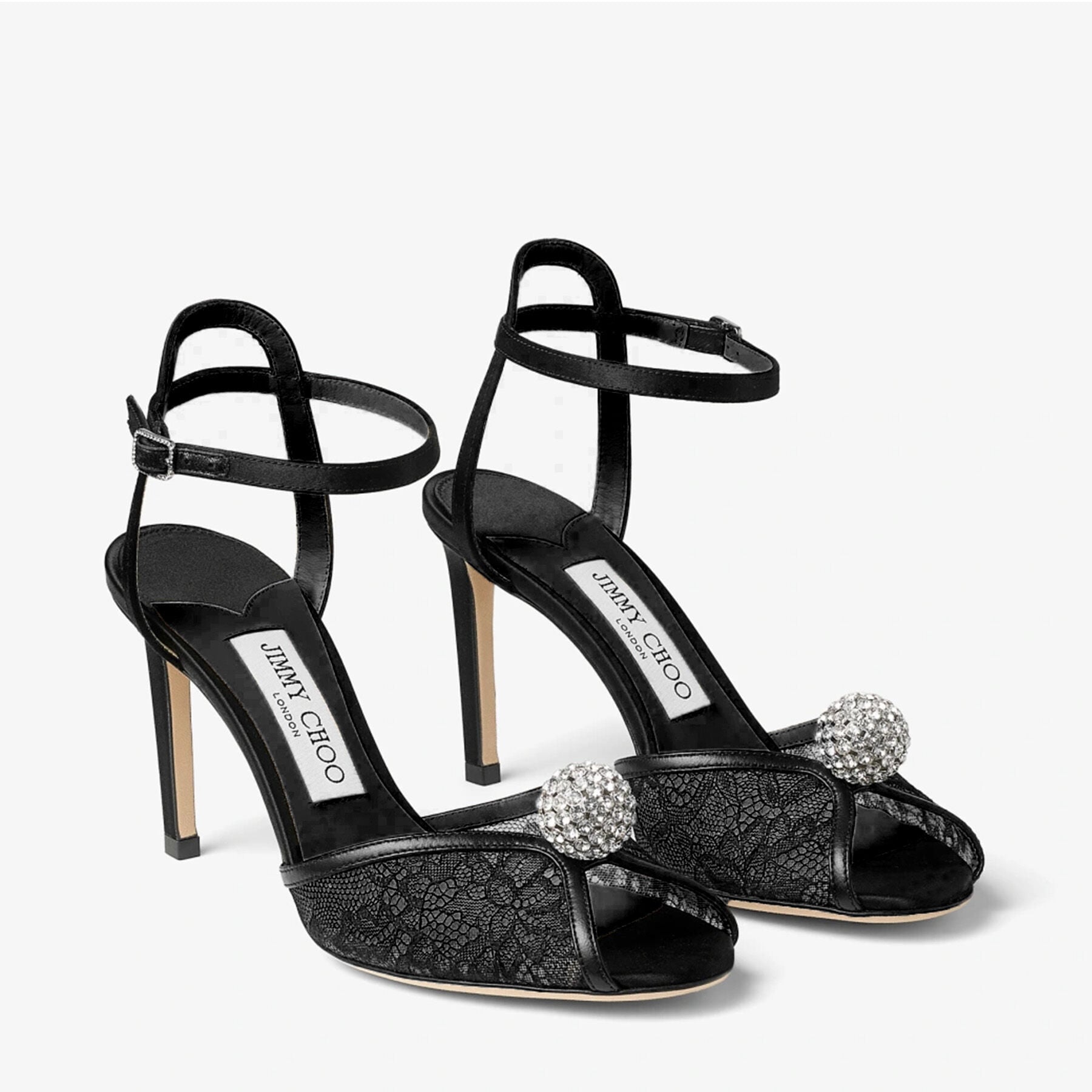 Sacora 85 | Black Lace Sandals with Crystal-Embellished Sphere