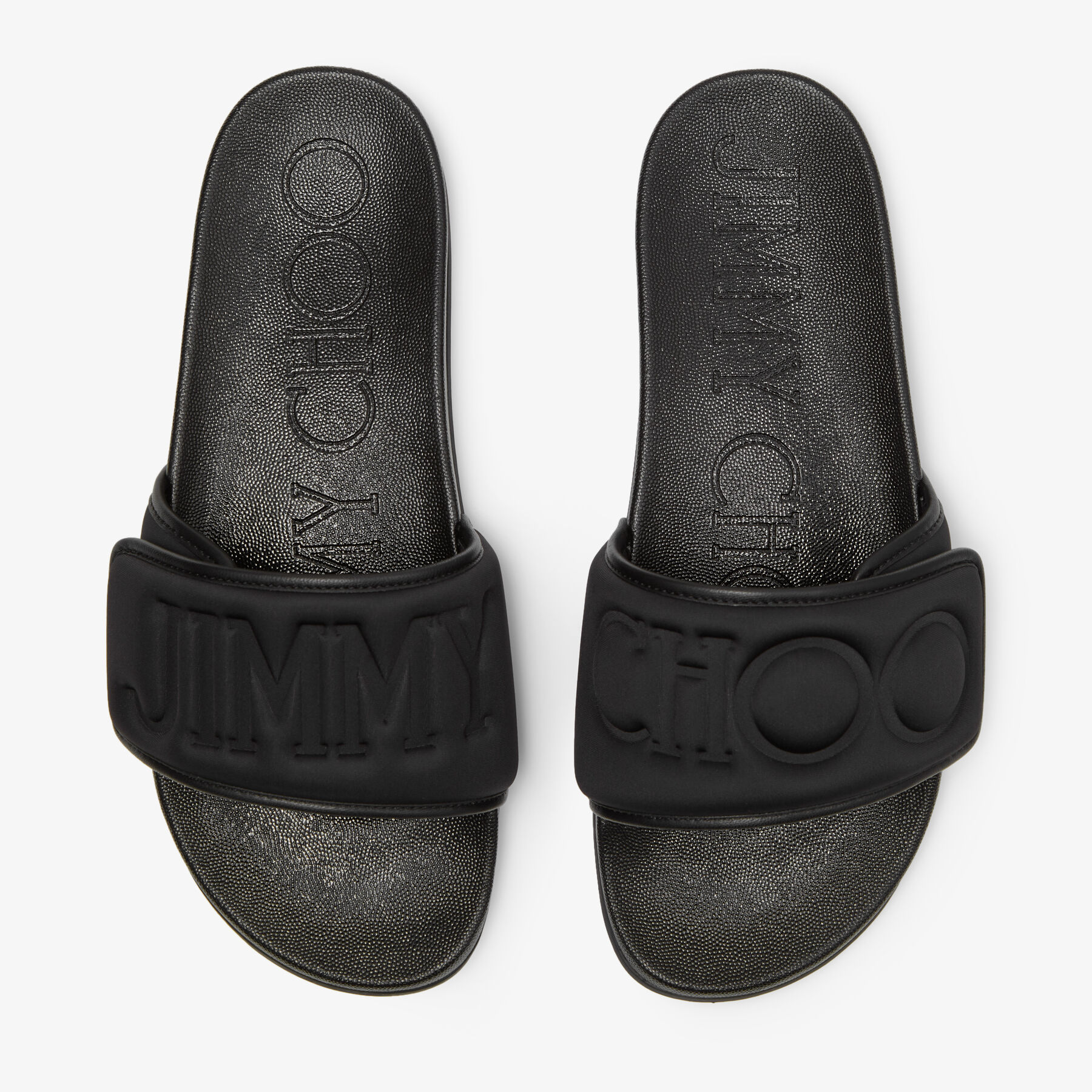 JIMMY CHOO Fitz/F パフロゴ ライクラ・スライドサンダル Fitz/M | Black Puffed Logo Lycra Slides | JIMMY CHOO