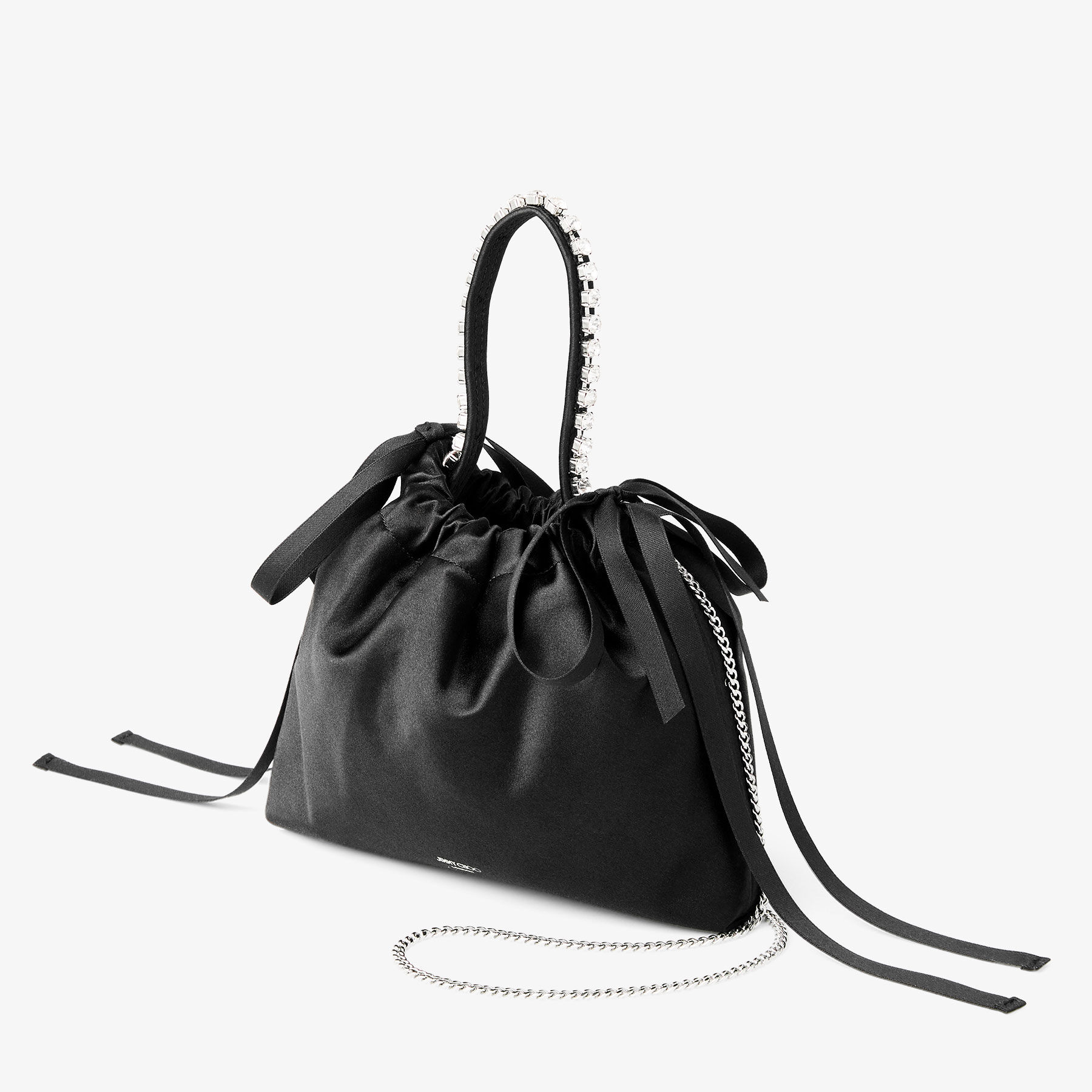 Drawstring Mini Top Handle | Black Satin Mini Shoulder Bag | JIMMY