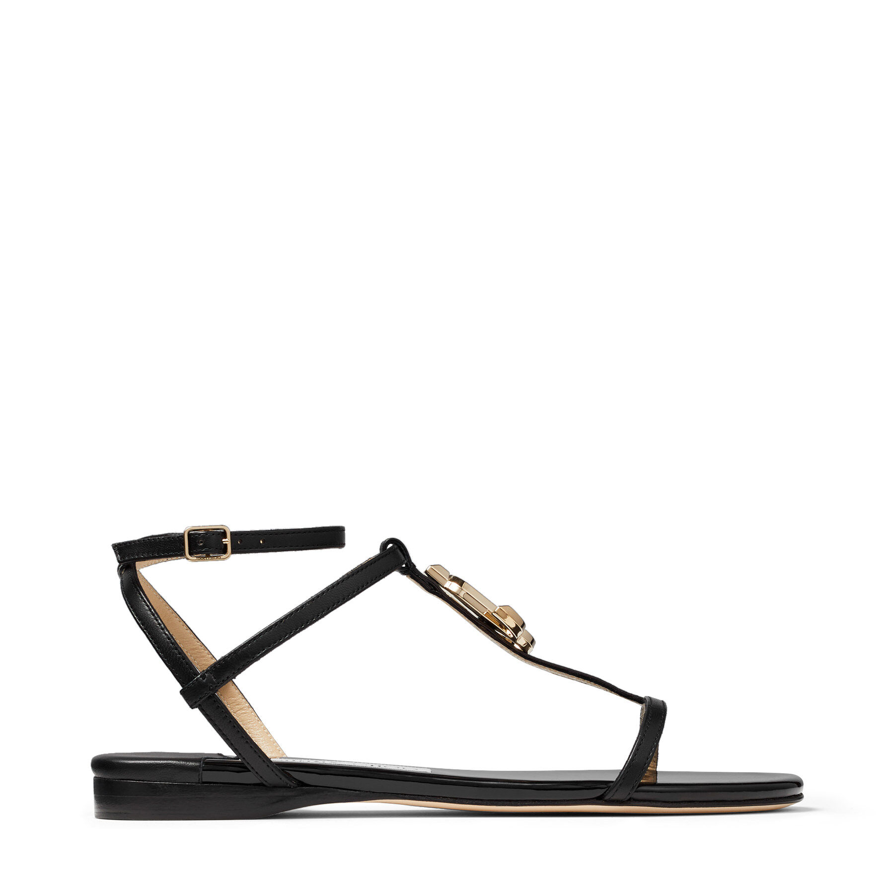 Black Nappa And Patent Leather Flat Sandals Alodie Flat Spring Summer 20 Jimmy Choo $995 jimmy choo black alana woven leather sandals pump gold black heel shoe 40. jimmy choo