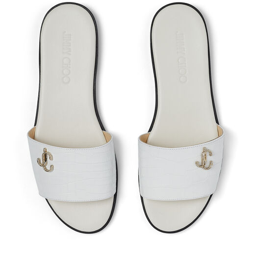 JIMMY CHOO MINEA FLAT Latte Croc-Embossed Leather Flat Sandals with JC logo